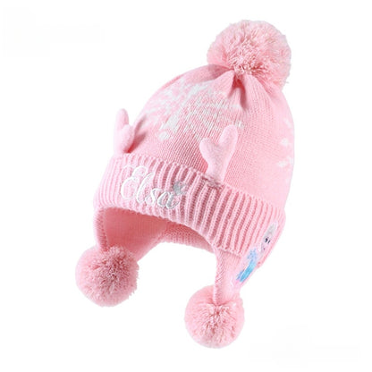 Kids Winter Beanie Hat Scarf for 2-10 Years Old Boys Girls.Outdoor Warm Fleece Lined Thermal Knit Fluffy Pom(pink Elsa)