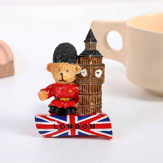 London 3D Metal Fridge Magnet London Eye Tower Bridge Big Ben Westminster Abbey Royal Guard Telephone Box Double Decker Bus England UK British Souvenir Gift (Bear)