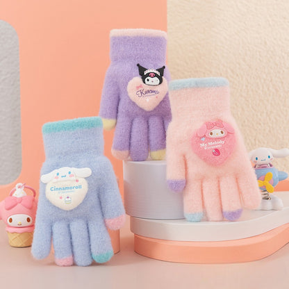 Full Finger Gloves Dinosaur Cat Capybara Winter Knit Warm Mittens Soft Lined Fleece Thermal Outdoor Stretchy Gloves for Kids boys girls (Kuromi)