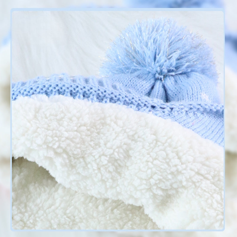 Kids Winter Beanie Hat Scarf for 2-10 Years Old Boys Girls.Outdoor Warm Fleece Lined Thermal Knit Fluffy Pom(Blue Elsa)