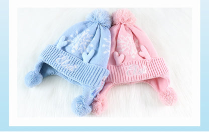 Kids Winter Beanie Hat Scarf for 2-10 Years Old Boys Girls.Outdoor Warm Fleece Lined Thermal Knit Fluffy Pom(Blue Elsa)