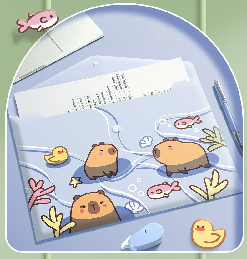 5PCS Plastic Wallets A4, 5 different designs Plastic Folders Popper Folder with Snap Closure, Lightweight Wallets for Document Office School Organization for Kids Adults (Capybara)