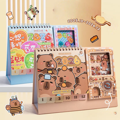 Capybara Desk Calendar 2026,Standing Flip Desktop Calendar from Jan 2026 to Dec 2026 - Metal Ring Twin-Wire Binding Monthly for Home Office School kid with Gashapon