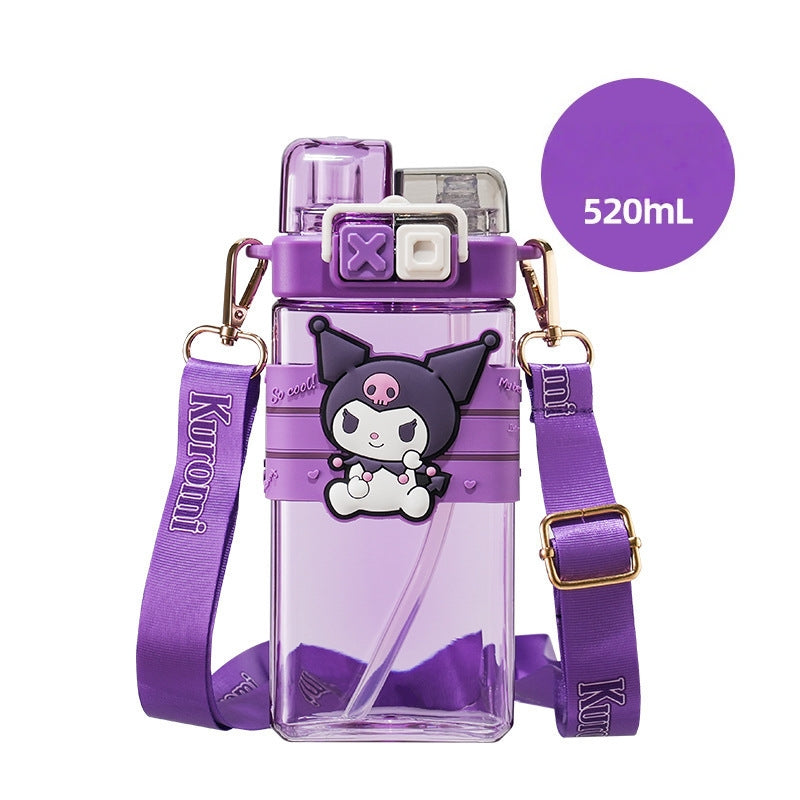 Water Bottle Reusable Kids 510ml PP with Two Lids Leak Proof with straw Lid BPA Free Drinking bottle (Kuromi)