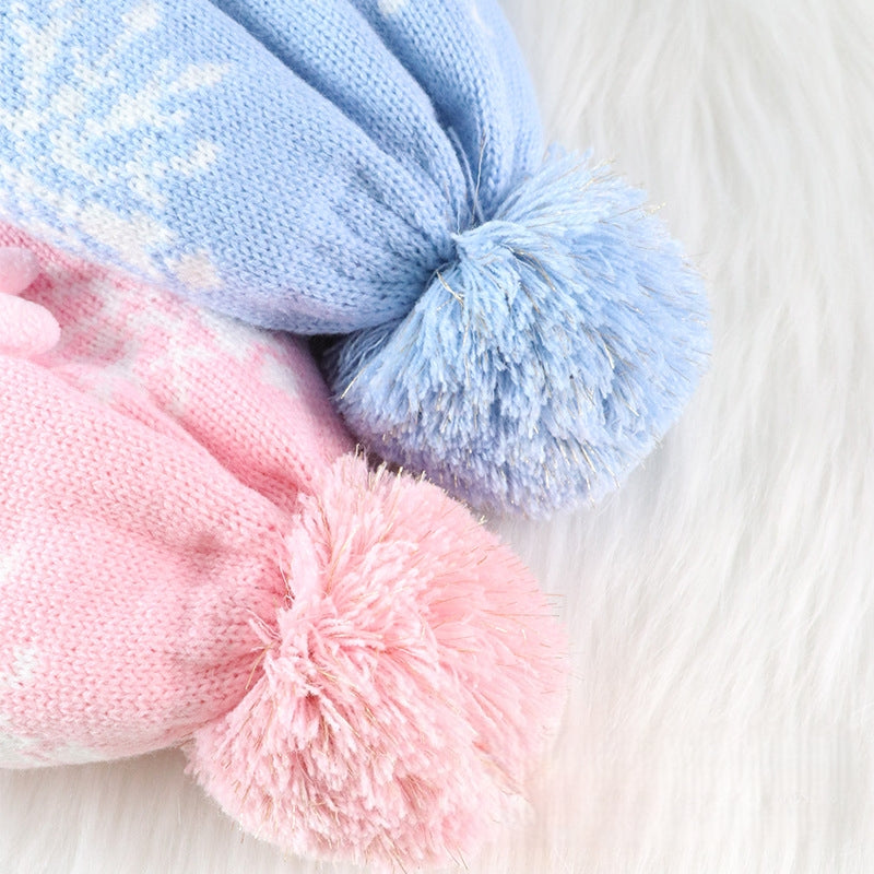 Kids Winter Beanie Hat Scarf for 2-10 Years Old Boys Girls.Outdoor Warm Fleece Lined Thermal Knit Fluffy Pom(Blue Elsa)