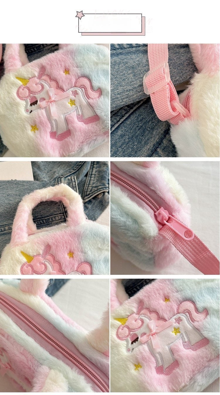 Kids Purse Girls unicorn fluffy Silicone Mini Children's Coin Purse Cute Cartoon Shoulder Bag Crossbody Accessories Bags Adjustable Strap for Kids Gift Travel