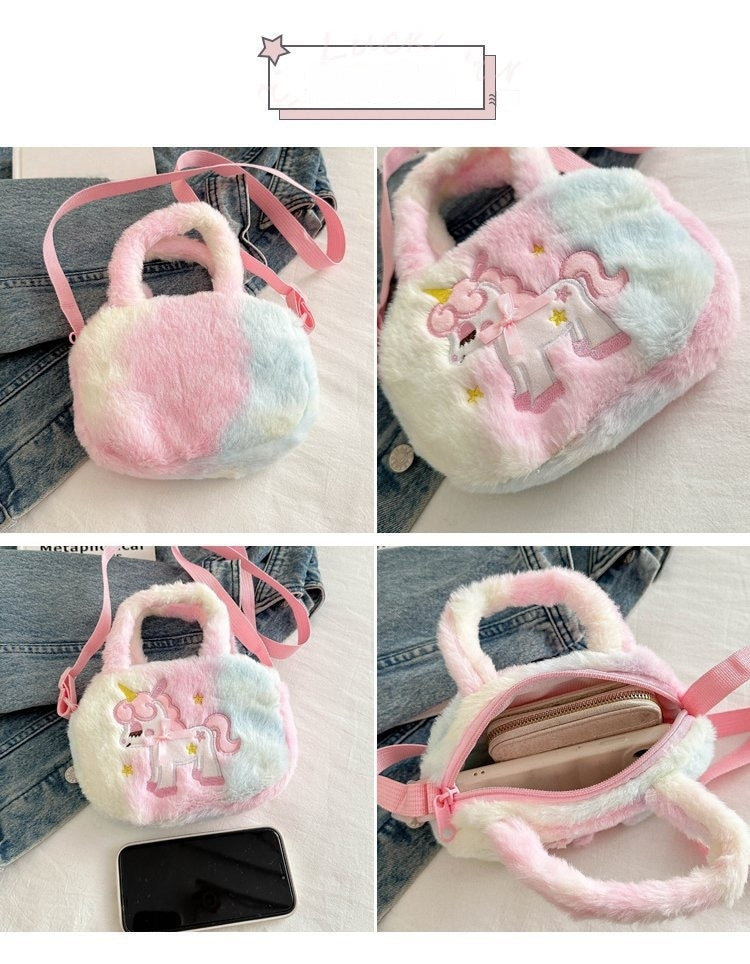 Kids Purse Girls unicorn fluffy Silicone Mini Children's Coin Purse Cute Cartoon Shoulder Bag Crossbody Accessories Bags Adjustable Strap for Kids Gift Travel