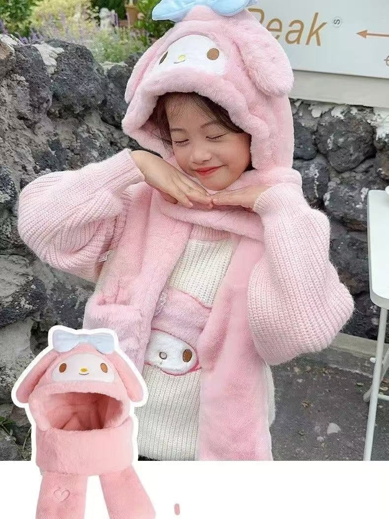 Kids Cartoon 3 in 1 Hat Scarf Gloves Set Winter Warm Fleece Stch Faux Fur Hoodie Full Hood Thick Thermal Scarves Gifts for Boys and Girls Kids(My Melody)