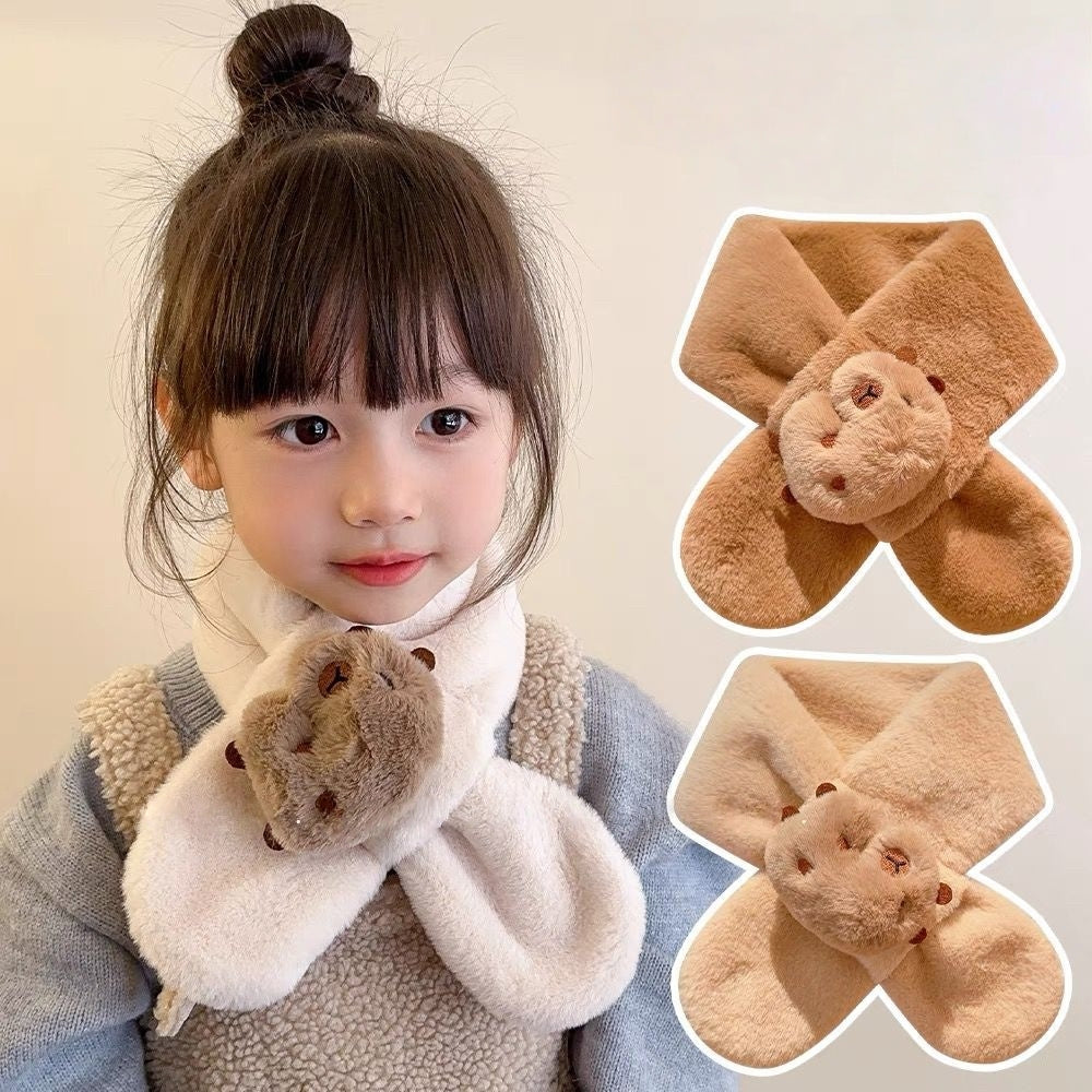 Kids Winter Beanie Scarf for 2-10 Years Old Boys Girls Outdoor Warm Fleece Lined Thermal Knit Fluffy Pom (Capybara)