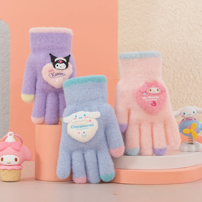 Full Finger Gloves Dinosaur Cat Capybara Winter Knit Warm Mittens Soft Lined Fleece Thermal Outdoor Stretchy Gloves for Kids boys girls (Kuromi)