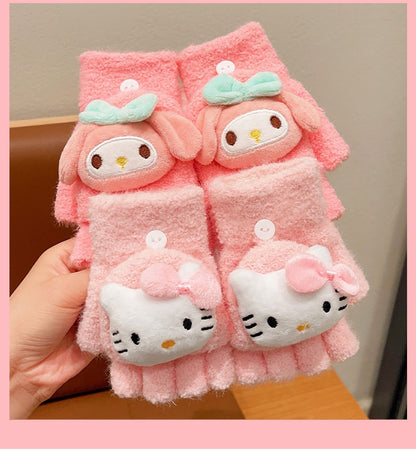 Fingerless Flap Cover Gloves Winter Knit Warm Mittens Soft Lined Fleece Thermal Outdoor Half Finger Gloves with Cover Convertible Flip Top for Kids