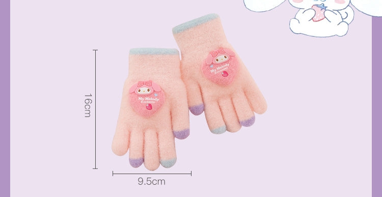 Full Finger Gloves Dinosaur Cat Capybara Winter Knit Warm Mittens Soft Lined Fleece Thermal Outdoor Stretchy Gloves for Kids boys girls (Kuromi)