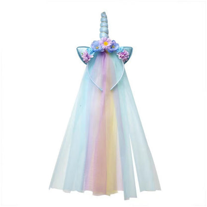 Unicorn Horn Floral Headband with Rainbow veil Ears Pony Head Bands Tiara for Girls Kids Headbands Party Birthday Cosplay Fancy costume (Blue Unicorn)