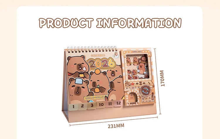 Capybara Desk Calendar 2026,Standing Flip Desktop Calendar from Jan 2026 to Dec 2026 - Metal Ring Twin-Wire Binding Monthly for Home Office School kid with Gashapon