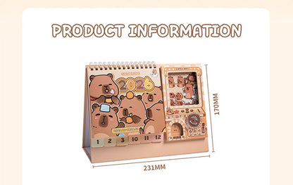 Capybara Desk Calendar 2026,Standing Flip Desktop Calendar from Jan 2026 to Dec 2026 - Metal Ring Twin-Wire Binding Monthly for Home Office School kid with Gashapon