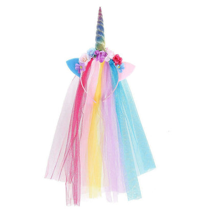 Unicorn Horn Floral Headband with Rainbow veil Ears Pony Head Bands Tiara for Girls Kids Headbands Party Birthday Cosplay Fancy costume (Rainbow Unicorn)