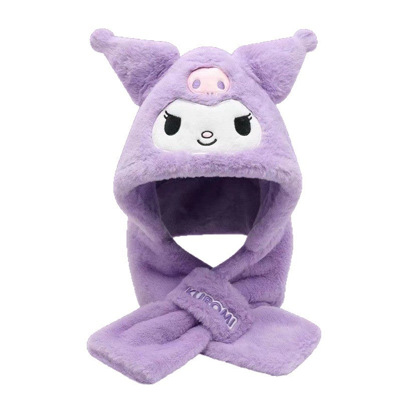Kids Cartoon 3 in 1 Hat Scarf Gloves Set Winter Warm Fleece Stch Faux Fur Hoodie Full Hood Thick Thermal Scarves Gifts for Boys and Girls Kids