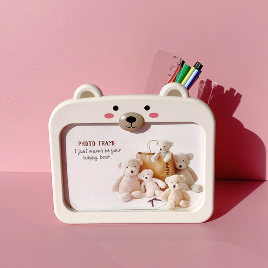 Cute Bear Photo Frame with pen holder back 4 x 6 Picture Frame for Tabletop Display, Cute Home Room Decor, Gifts for kids women (Ivory)