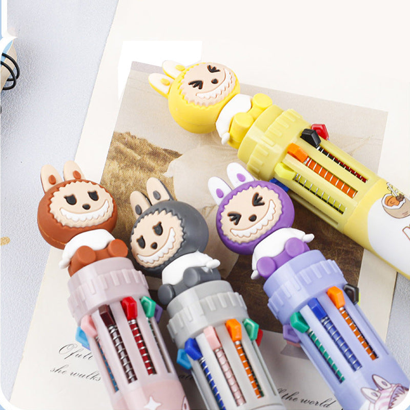 Multicolor teddy bear Pens 0.5mm 10-in-1 Retractable Ballpoint Pens 10 Colors Transparent Barrel Ballpoint Pen for Office Supplies and kids school (Labubu(random color))