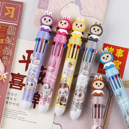 Multicolor teddy bear Pens 0.5mm 10-in-1 Retractable Ballpoint Pens 10 Colors Transparent Barrel Ballpoint Pen for Office Supplies and kids school (Labubu(random color))