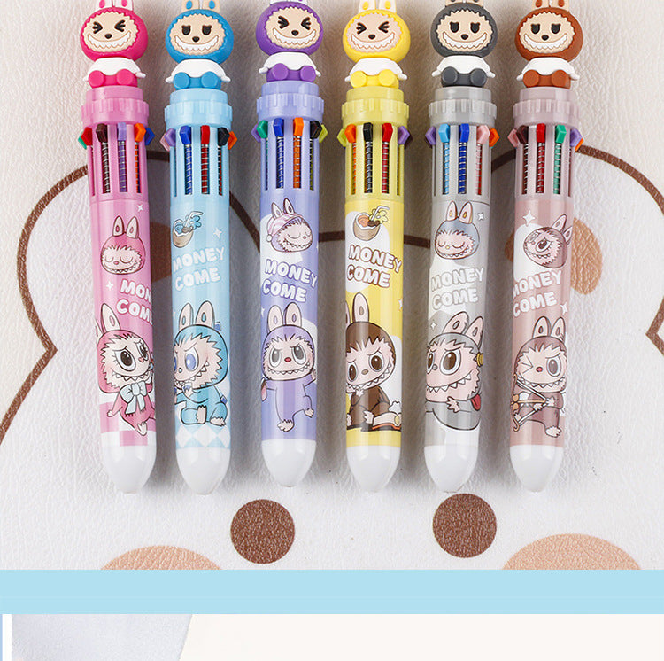 Multicolor teddy bear Pens 0.5mm 10-in-1 Retractable Ballpoint Pens 10 Colors Transparent Barrel Ballpoint Pen for Office Supplies and kids school (Labubu(random color))