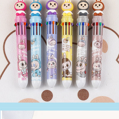 Multicolor teddy bear Pens 0.5mm 10-in-1 Retractable Ballpoint Pens 10 Colors Transparent Barrel Ballpoint Pen for Office Supplies and kids school (Labubu(random color))