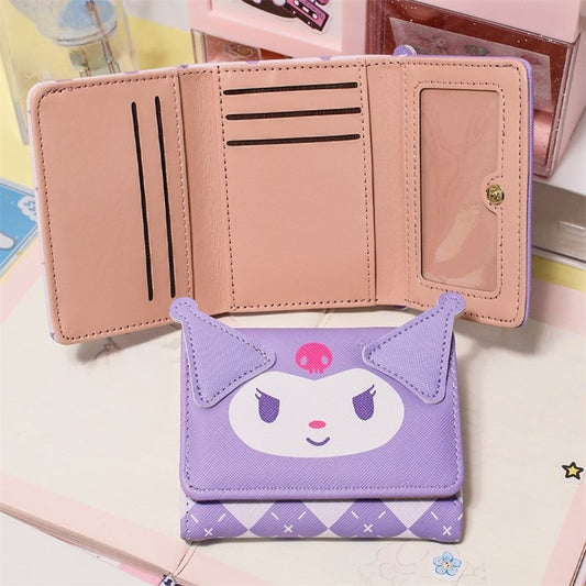 Dog Print Tri-fold PU Wallet for Women Portable Short Wallet Pouch with Multiple Card Slots Compact Storage for Girls and Ladies(Kuromi)