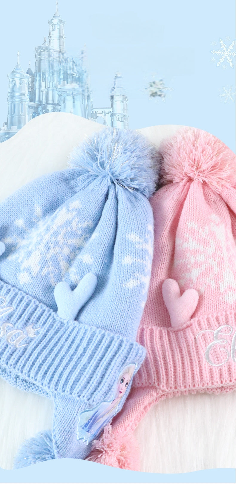 Kids Winter Beanie Hat Scarf for 2-10 Years Old Boys Girls.Outdoor Warm Fleece Lined Thermal Knit Fluffy Pom(pink Elsa)