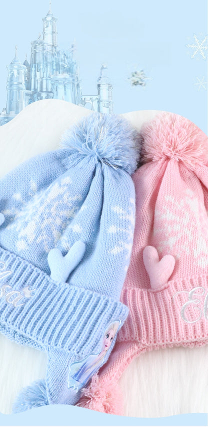 Kids Winter Beanie Hat Scarf for 2-10 Years Old Boys Girls.Outdoor Warm Fleece Lined Thermal Knit Fluffy Pom(Blue Elsa)