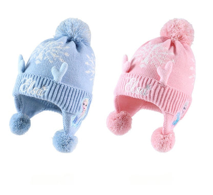 Kids Winter Beanie Hat Scarf for 2-10 Years Old Boys Girls.Outdoor Warm Fleece Lined Thermal Knit Fluffy Pom(Blue Elsa)