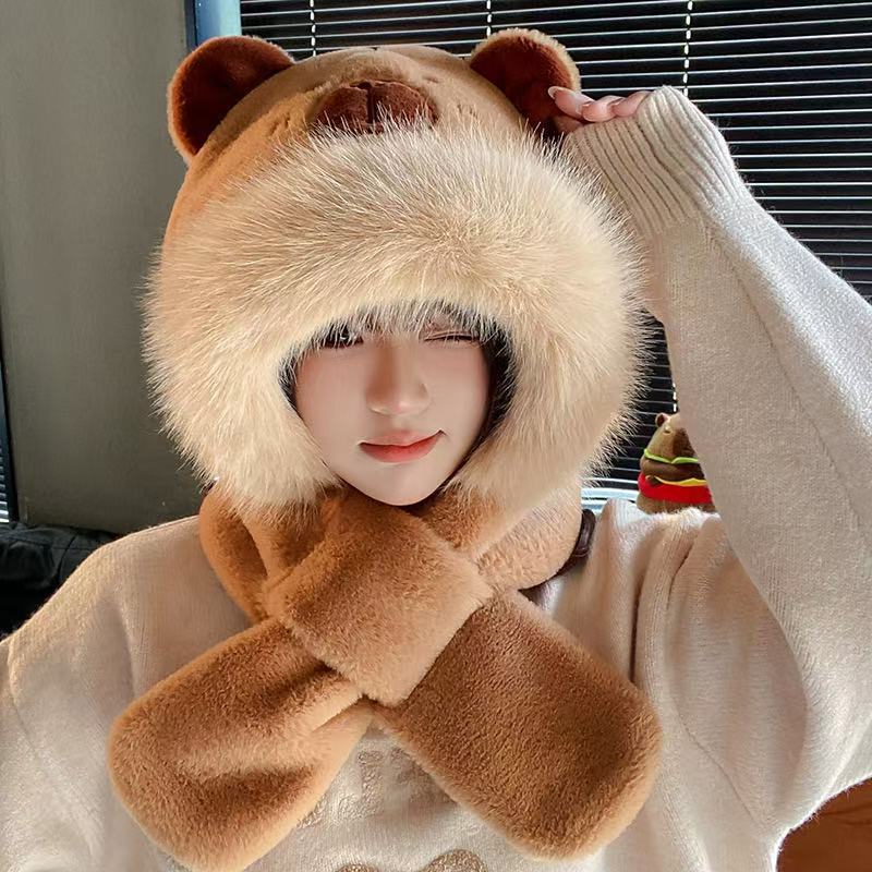 Kids Cartoon 3 in 1 Hat Scarf Gloves Set Winter Warm Fleece Faux Fur Hoodie Full Hood Thick Thermal Scarves Gifts for Boys and Girls Kids