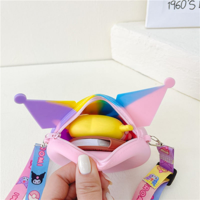 Kids Purse Girls Silicone Mini Children's Coin Purse Cute Cartoon Shoulder Bag Crossbody Bag Accessories Bags Adjustable Strap for Kids Gift Travel Holiday (Kuromi)