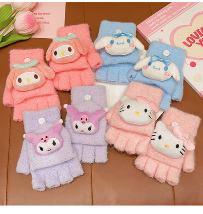 Fingerless Flap Cover Gloves Winter Knit Warm Mittens Soft Lined Fleece Thermal Outdoor Half Finger Gloves with Cover Convertible Flip Top for Kids