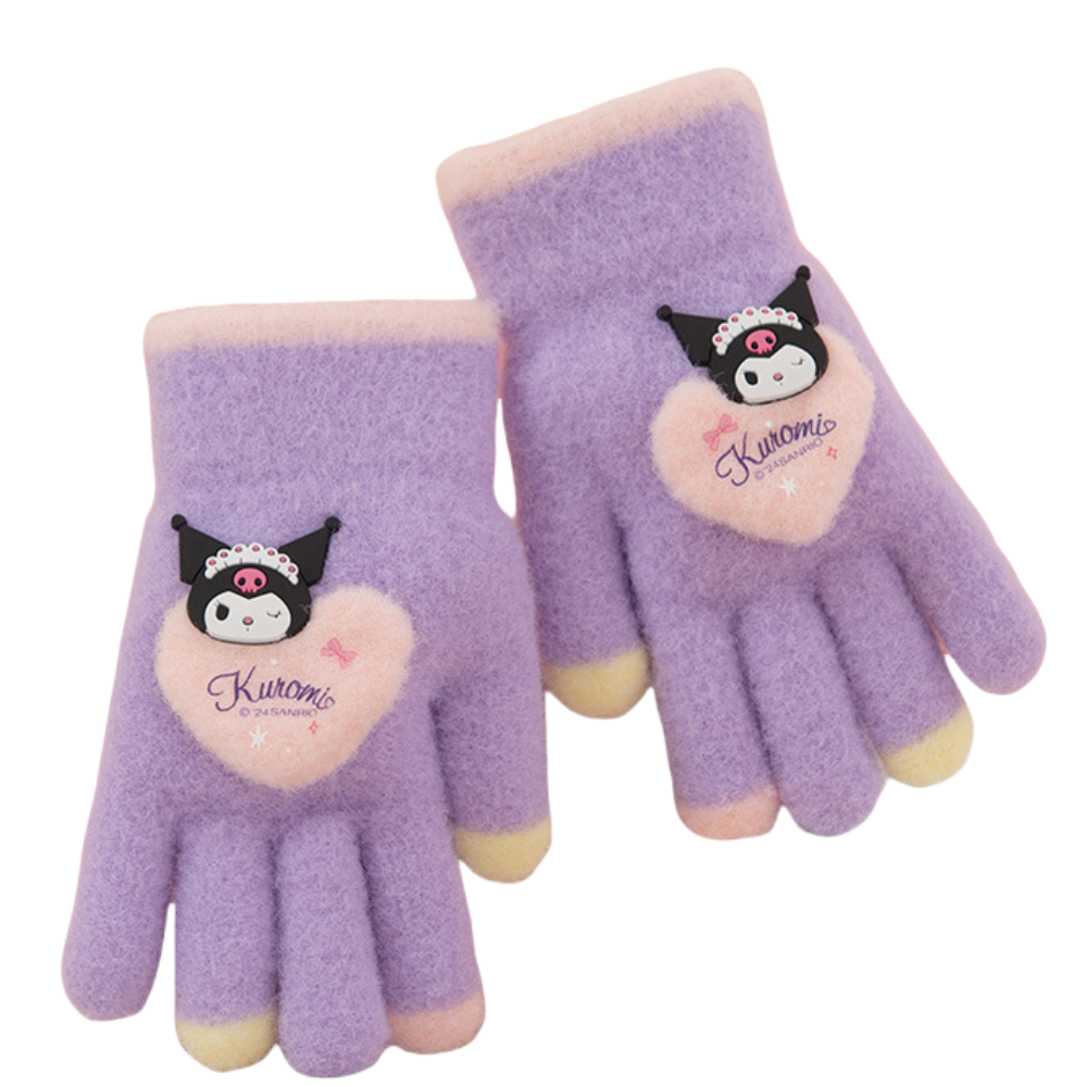 Full Finger Gloves Dinosaur Cat Capybara Winter Knit Warm Mittens Soft Lined Fleece Thermal Outdoor Stretchy Gloves for Kids boys girls (Kuromi)