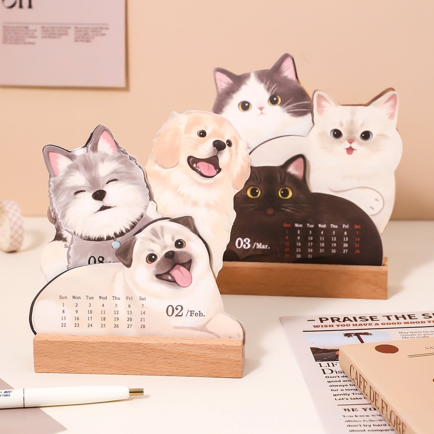 Desk Calendars,2026 Pet Theme Offices Calendar | Academic Planner with Wooden Base Puppy Kitten Design Organization for Daily Work School Teacher Kids Family Home Class Offices