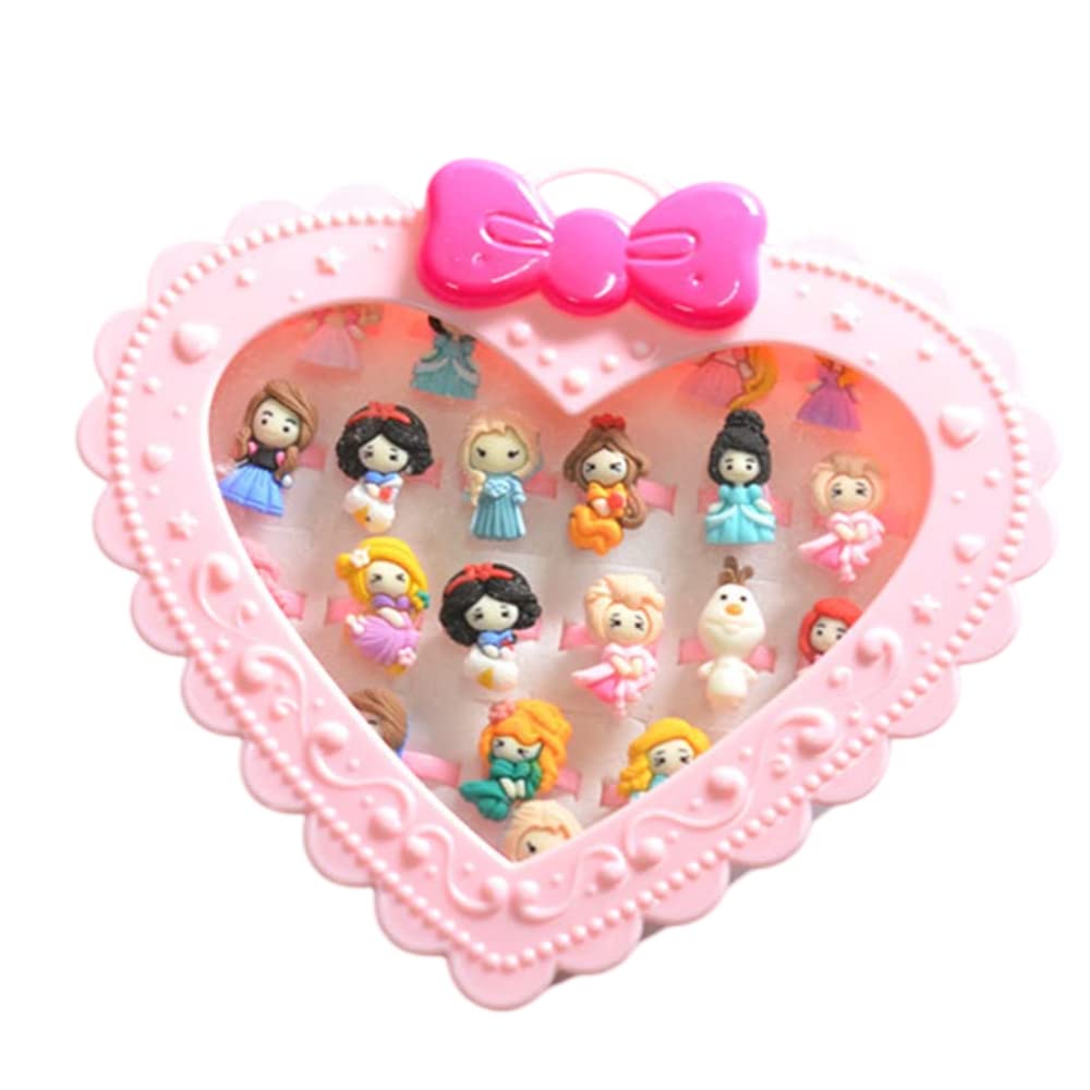 20Pcs Adjustable Princess pink Jewelry Girl Kids elsa Cartoon Plastic Rings Gift Set with Heart Shape Box