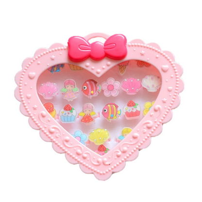 20Pcs Adjustable Princess Jewelry Girl Kids Cartoon Plastic Rings Gift Set with Heart Shape Box (20pcs)