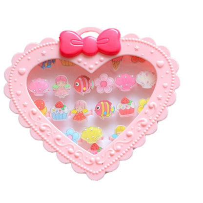 20Pcs Adjustable Princess pink Jewelry Girl Kids elsa Cartoon Plastic Rings Gift Set with Heart Shape Box