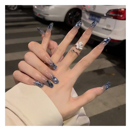 24PCS Glitter Diamond Press on Nails French Tip False Nails Shaped Short/Long Fake Full Cover Stick on Removable Glue-on Women Girls Daily Wear (B)