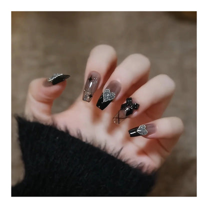 24PCS Glitter Diamond Press on Nails French Tip False Nails Shaped Short/Long Fake Full Cover Stick on Removable Glue-on Women Girls Daily Wear (B)