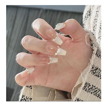 24PCS Glitter Diamond Press on Nails French Tip False Nails Shaped Short/Long Fake Full Cover Stick on Removable Glue-on Women Girls Daily Wear（A）