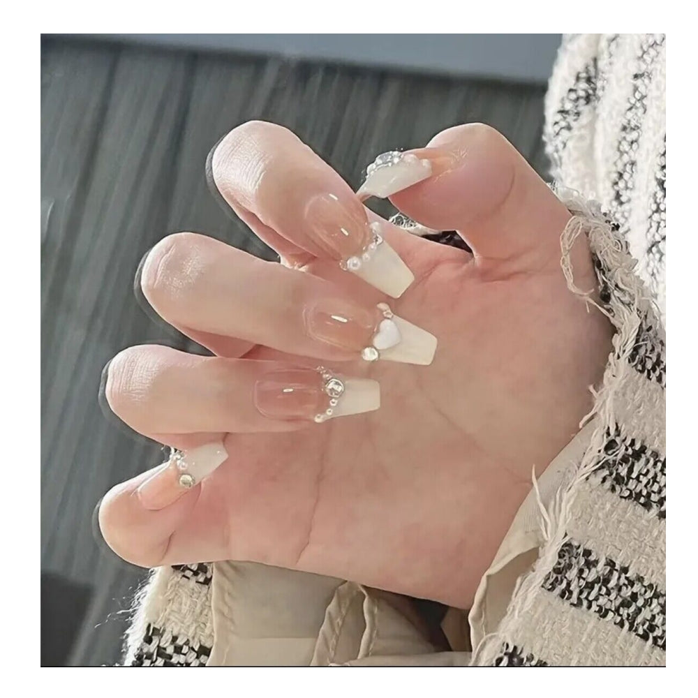 24PCS Glitter Diamond Press on Nails French Tip False Nails Shaped Short/Long Fake Full Cover Stick on Removable Glue-on Women Girls Daily Wear (C)