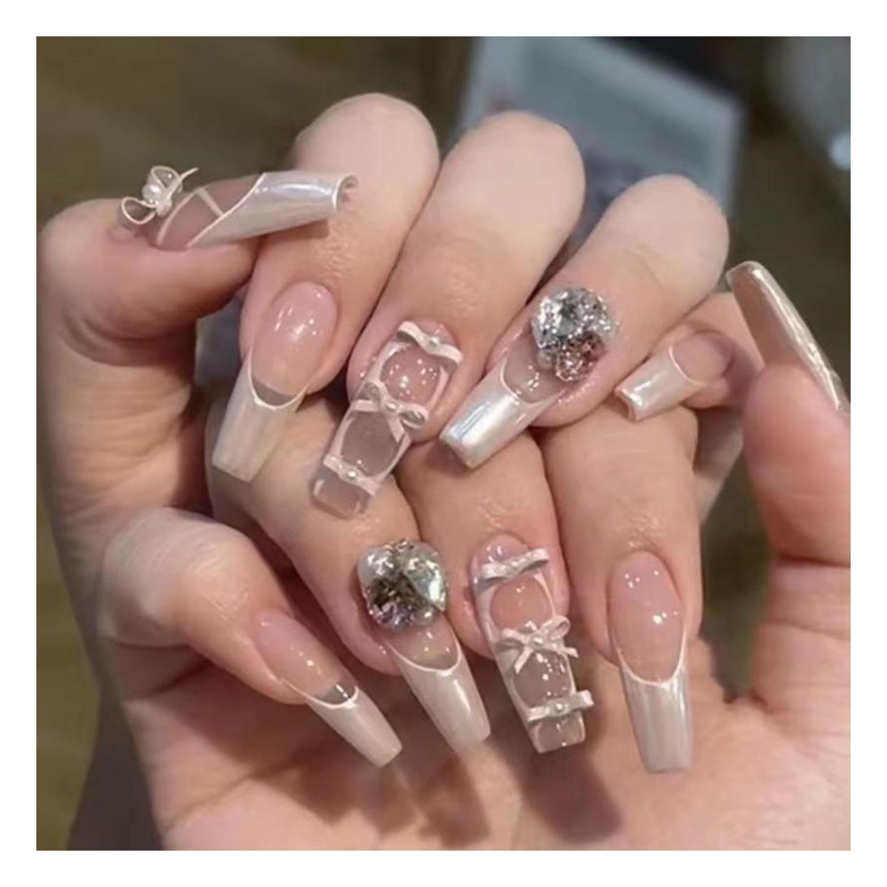 24PCS Glitter Diamond Press on Nails French Tip False Nails Shaped Short/Long Fake Full Cover Stick on Removable Glue-on Women Girls Daily Wear（A）