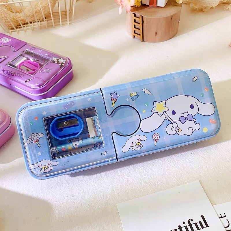 Cartoon Pencil Box with Sharpener & Eraser - Double Layer Metal Purple Pencil Box, Ideal for School & Birthday Gifts, Cartoon Pencil Childeren's Day Birthday Gift