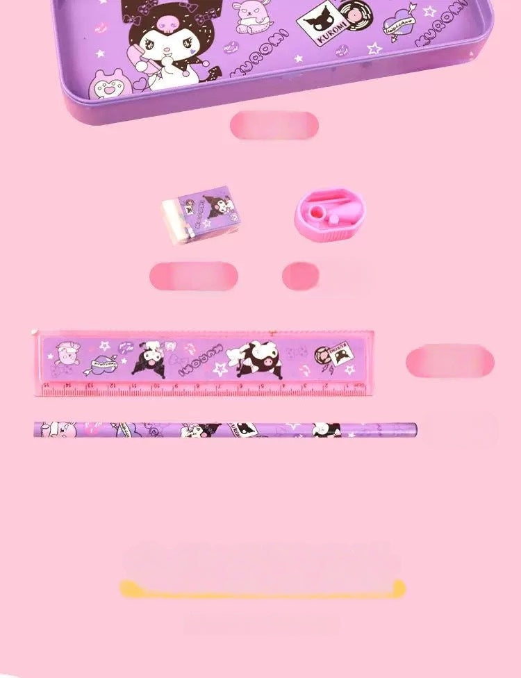 Cartoon Pencil Box with Sharpener & Eraser - Double Layer Metal Purple Pencil Box, Ideal for School & Birthday Gifts, Cartoon Pencil Childeren's Day Birthday Gift