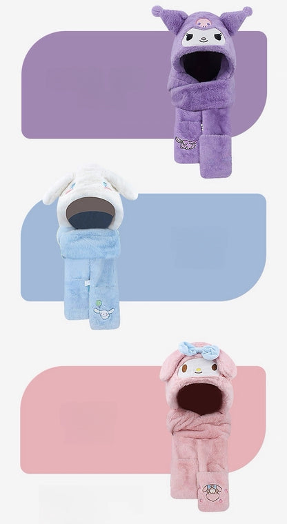 Kids Cartoon 3 in 1 Hat Scarf Gloves Set Winter Warm Fleece Stch Faux Fur Hoodie Full Hood Thick Thermal Scarves Gifts for Boys and Girls Kids(My Melody)