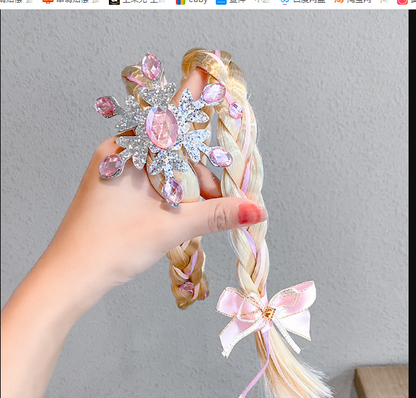 Kids Girls Toddlers Blue Elsa Ponytail Hair Extension Party Hair clips Snowflake Crown Headband Hairband Costume Dress up Braided Wigs (Elsa blue crown headband)