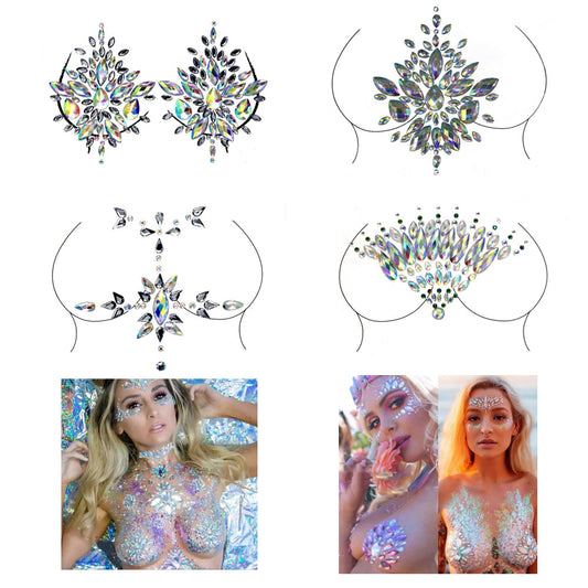 Women Kids 4 Sheets breast body neck Nipple Crystal Glitter Rhinestone Diamond Stickers Art Designs Self Adhesive Gem Festival Makeup Temporary Tattoos for Rave Festival Party