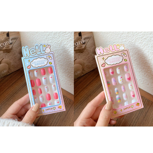 48Pcs 2 Pack Children Acrylic Fake Nails Press on Pre-glue Full Cover Glitter Color Rainbow Unicorn Mermaid Kids Stick On False Nail Art Kits Set Girls Birthday Gift（Set01）